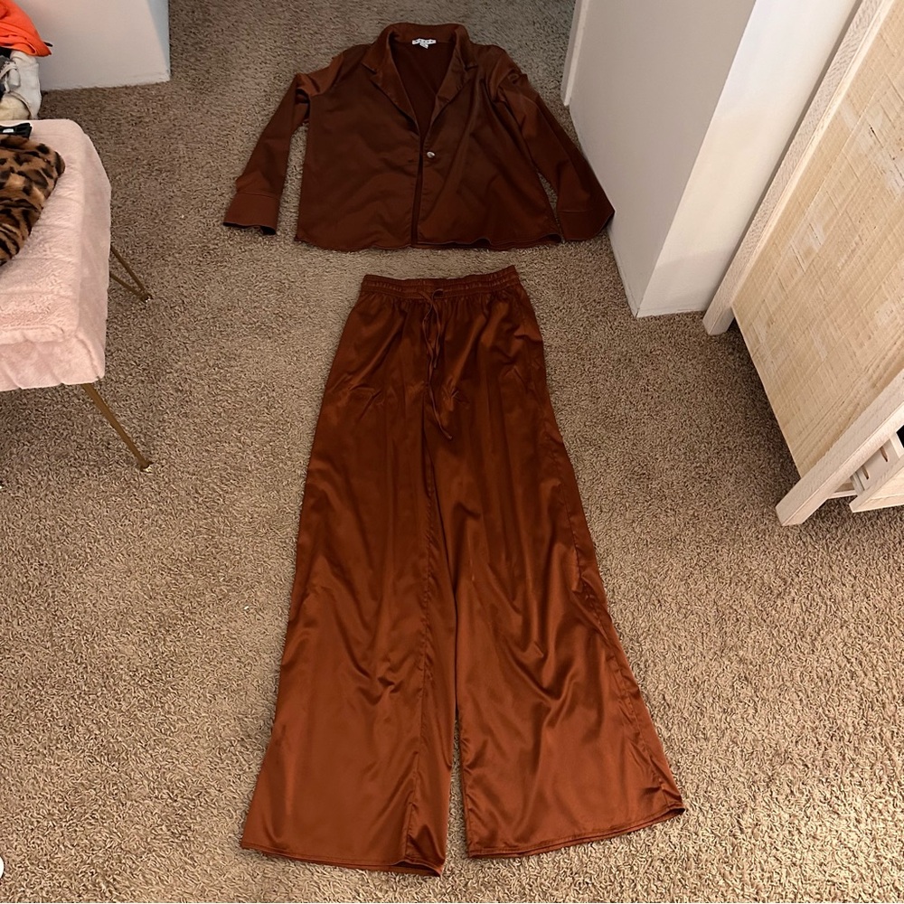 HYFVE Brown Burnt Orange Satin Button-Up Pajama Lounge Set